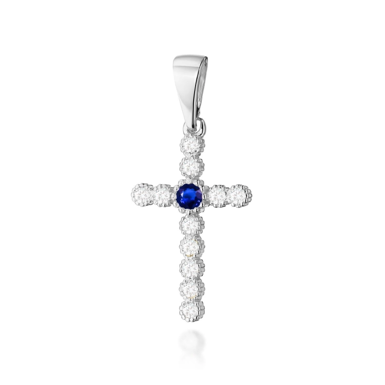 Zawieszka z białego złota krzyż z szafirem i diamentami 0,22ct The Diamonds BK-8-szafir-b