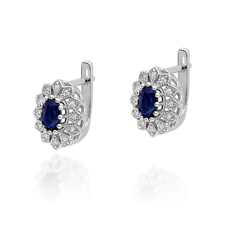 Kolczyki z białego złota 585 z szafirem i diamentami 0,20ct The Diamonds