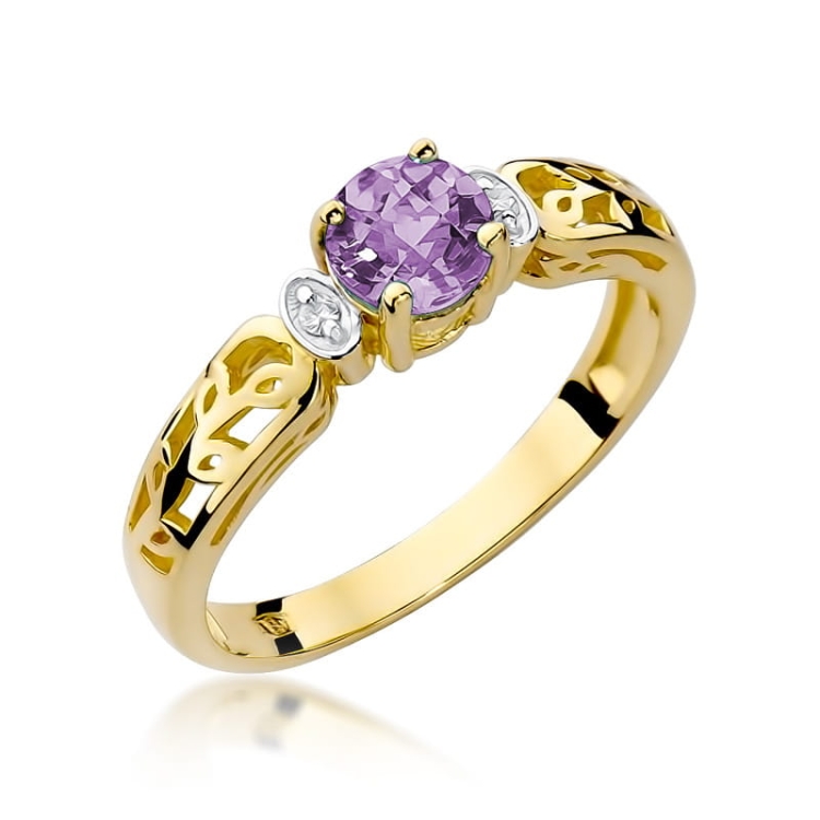 Pierścionek zaręczynowy z żółtego złota z ametystem i diamentami 0,02ct Fire Of Love