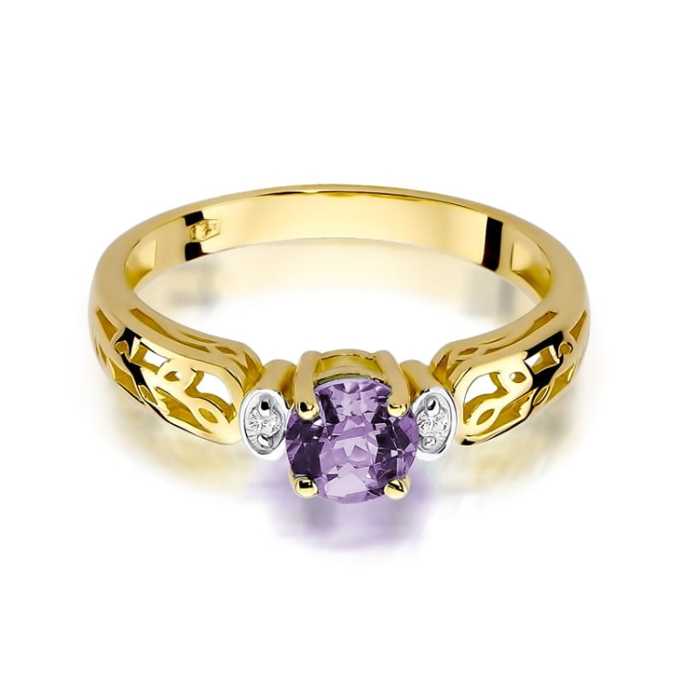 Pierścionek zaręczynowy z żółtego złota z ametystem i diamentami 0,02ct Fire Of Love