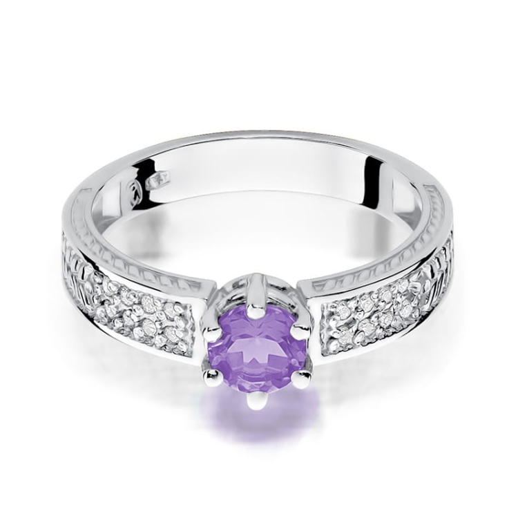 Pierścionek zaręczynowy z białego złota z ametystem i diamentami 0,08ct Fire Of Love