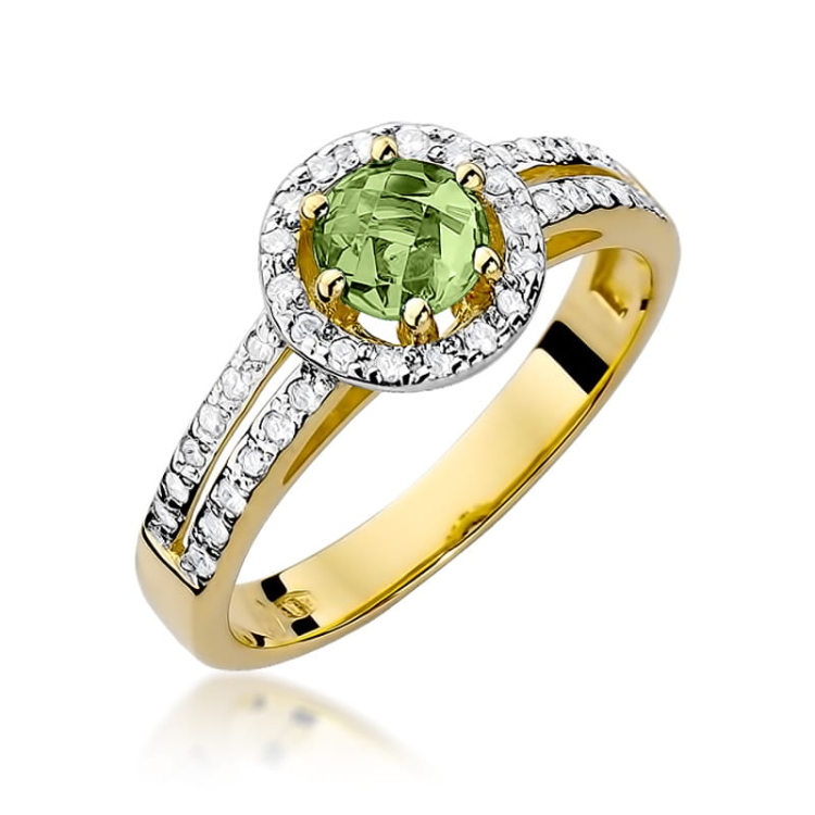 Pierścionek zaręczynowy z żółtego złota z oliwinem i diamentami 0,20ct Fire Of Love