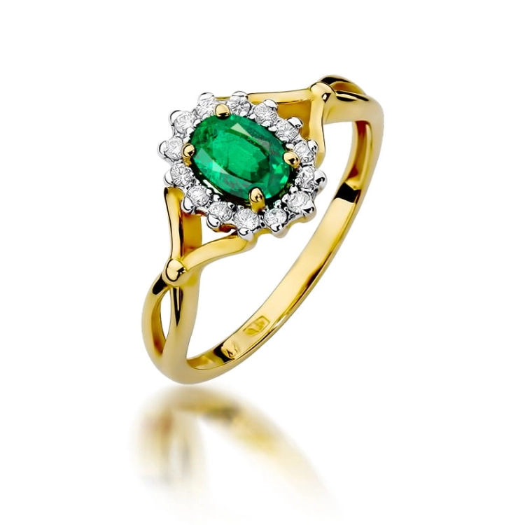Pierścionek zaręczynowy z żółtego złota z szmaragdem i diamentami 0,12ct Fire Of Love
