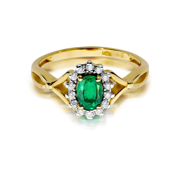 Pierścionek zaręczynowy z żółtego złota z szmaragdem i diamentami 0,12ct Fire Of Love