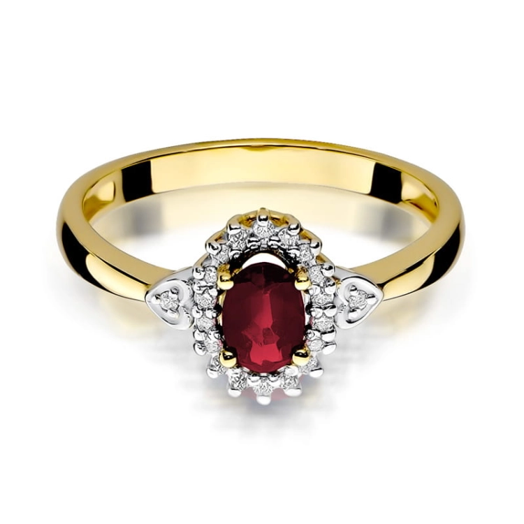 Pierścionek zaręczynowy z żółtego złota z rubinem i diamentami 0,10ct Fire Of Love