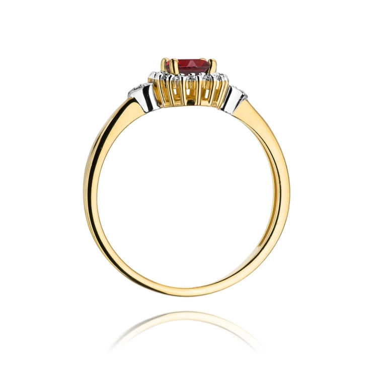 Pierścionek zaręczynowy z żółtego złota z rubinem i diamentami 0,10ct Fire Of Love