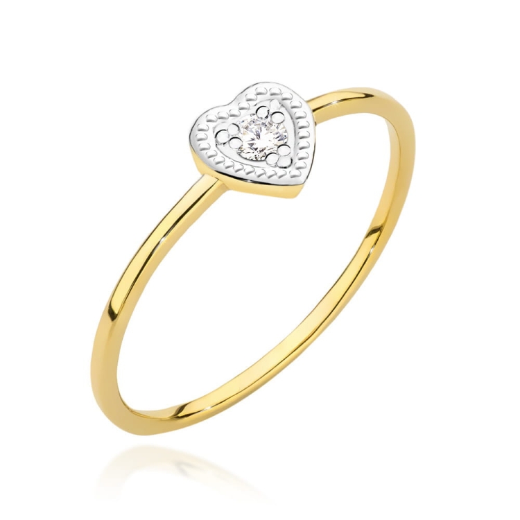 Pierścionek zaręczynowy z żółtego złota z diamentem 0,02ct serce Fire Of Love