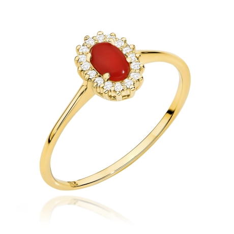 Przejdź do produktu Pierścionek zaręczynowy z żółtego złota z koralem i diamentami 0,08ct Fire Of Love 