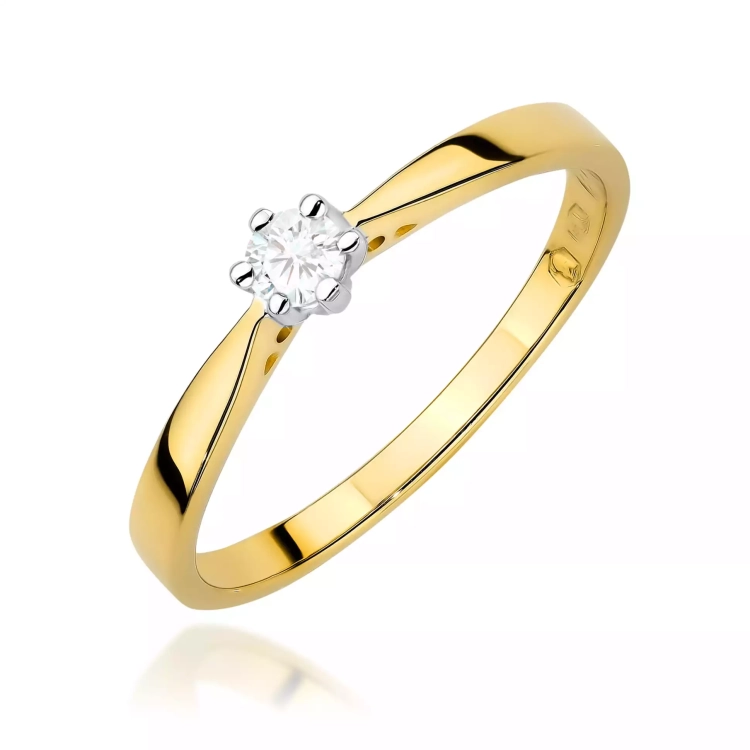 Pierścionek z żółtego złota, diament laboratoryjny 0,10ct