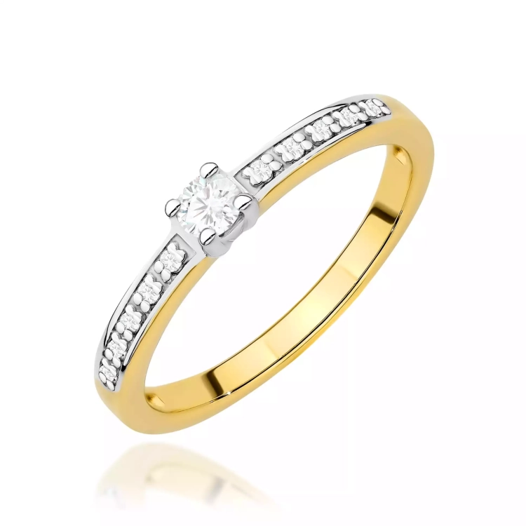 Pierścionek z żółtego złota, diament laboratoryjny centralny 0,08ct