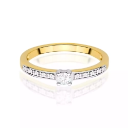 Pierścionek z żółtego złota, diament laboratoryjny centralny 0,08ct