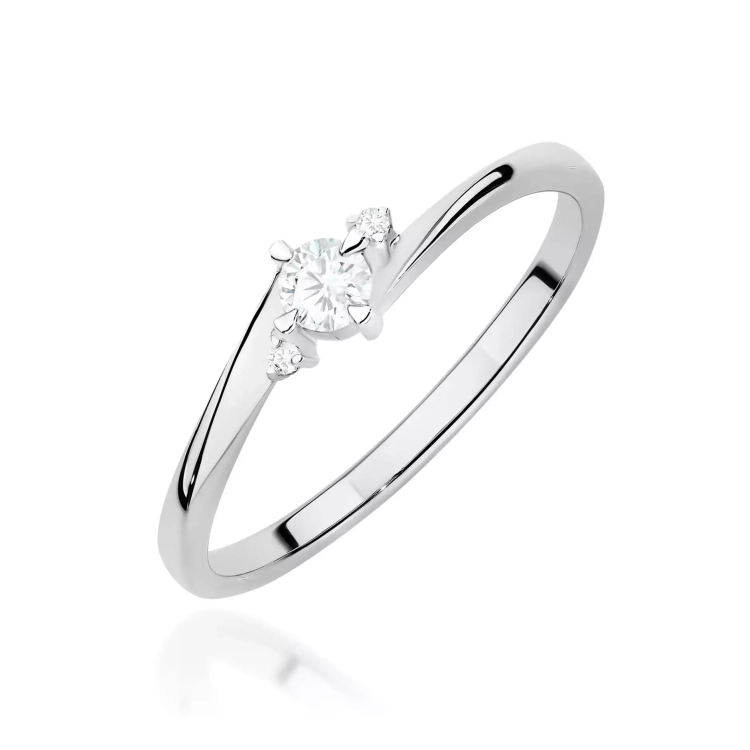 Pierścionek z białego złota, diament laboratoryjny centralny 0,10ct