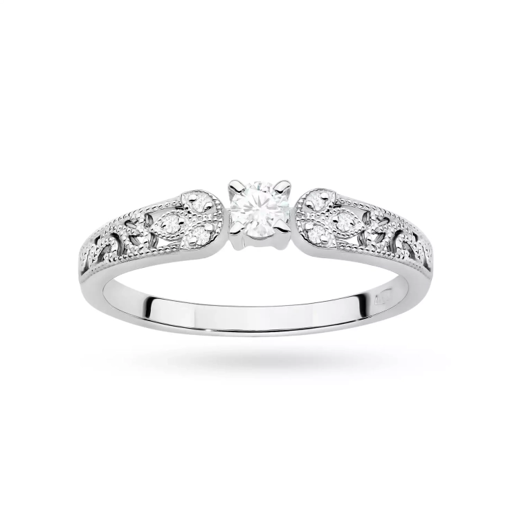 Pierścionek z białego złota, diament laboratoryjny 0,10ct