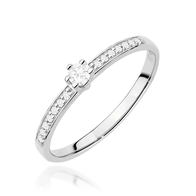 Pierścionek z białego złota, diament laboratoryjny centralny 0,10ct