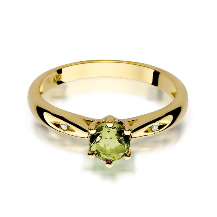 Pierścionek zaręczynowy z żółtego złota z oliwinem i diamentami 0,01ct Fire Of Love BW-74-oliwin