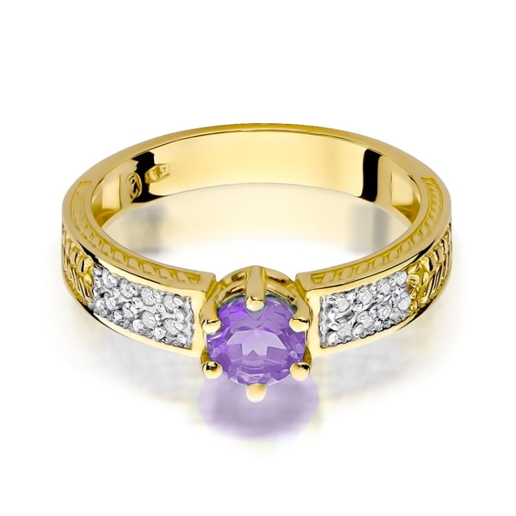 Pierścionek zaręczynowy z żółtego złota z ametystem i diamentami 0,08ct Fire Of Love BW-75-ametyst