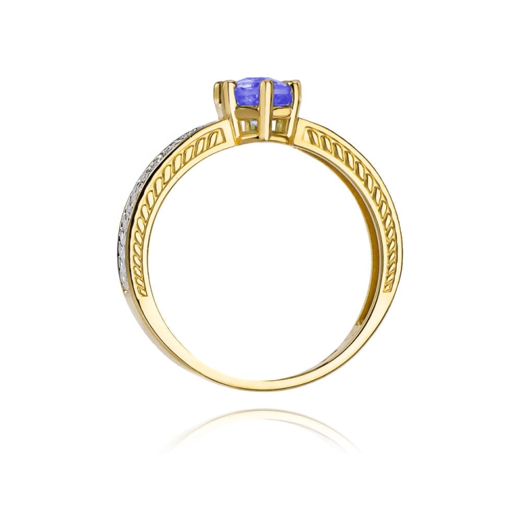 Pierścionek zaręczynowy z żółtego złota z tanzanitem i diamentami 0,08ct Fire Of Love  BW-75-tanzanit