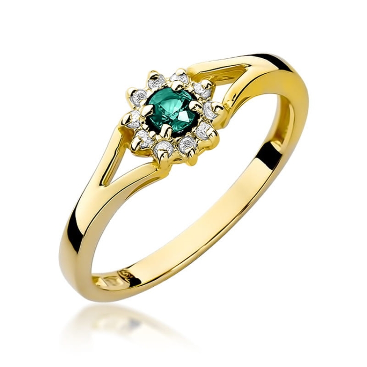 Pierścionek zaręczynowy z żółtego złota z szmaragdem i diamentami 0,09ct Fire Of Love BW-185-szmaragd