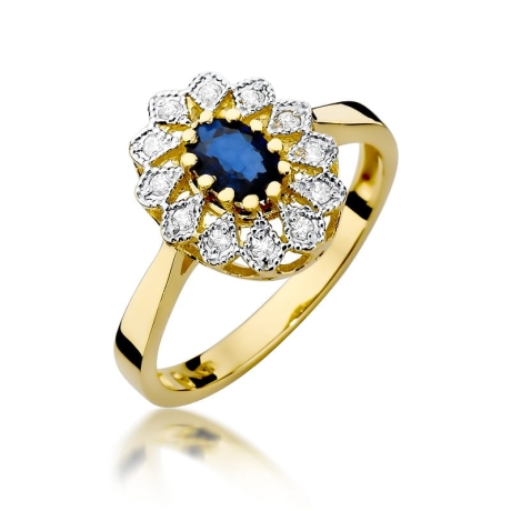 Przejdź do produktu Pierścionek zaręczynowy z żółtego złota z szafirem i diamentami 0,10ct Fire Of Love