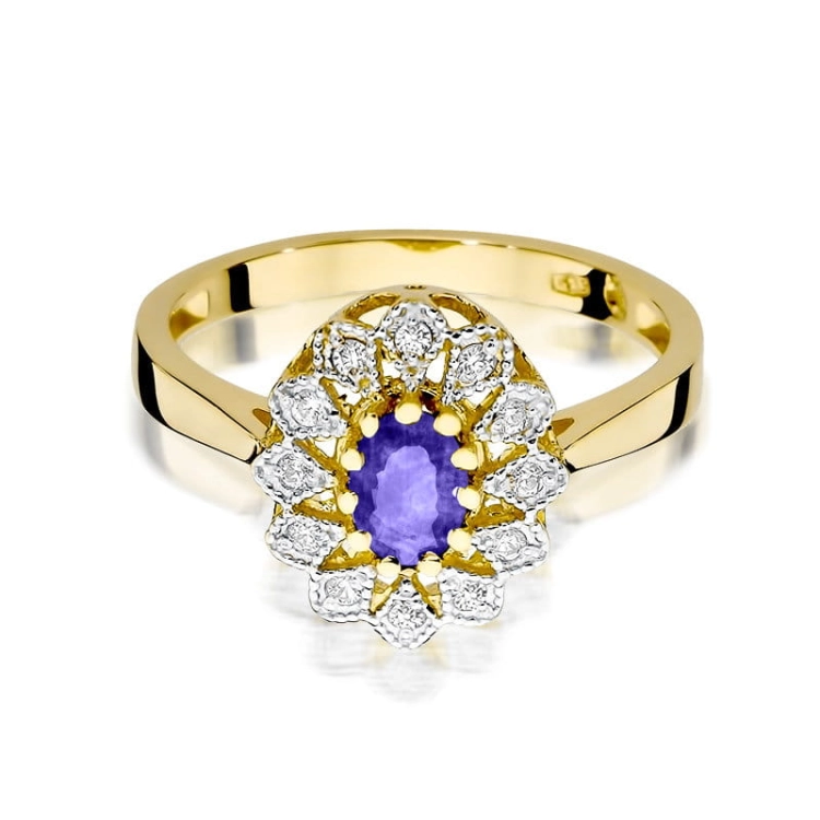 Pierścionek zaręczynowy z żółtego złota z tanzanitem i diamentami 0,10ct Fire Of Love BW-354-tanzanit