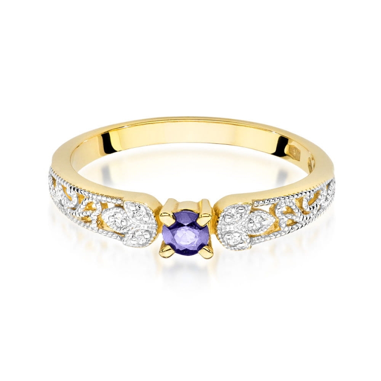 Pierścionek zaręczynowy z żółtego złota z tanzanitem i diamentami 0,03ct Fire Of Love BW-411-Tanzanit