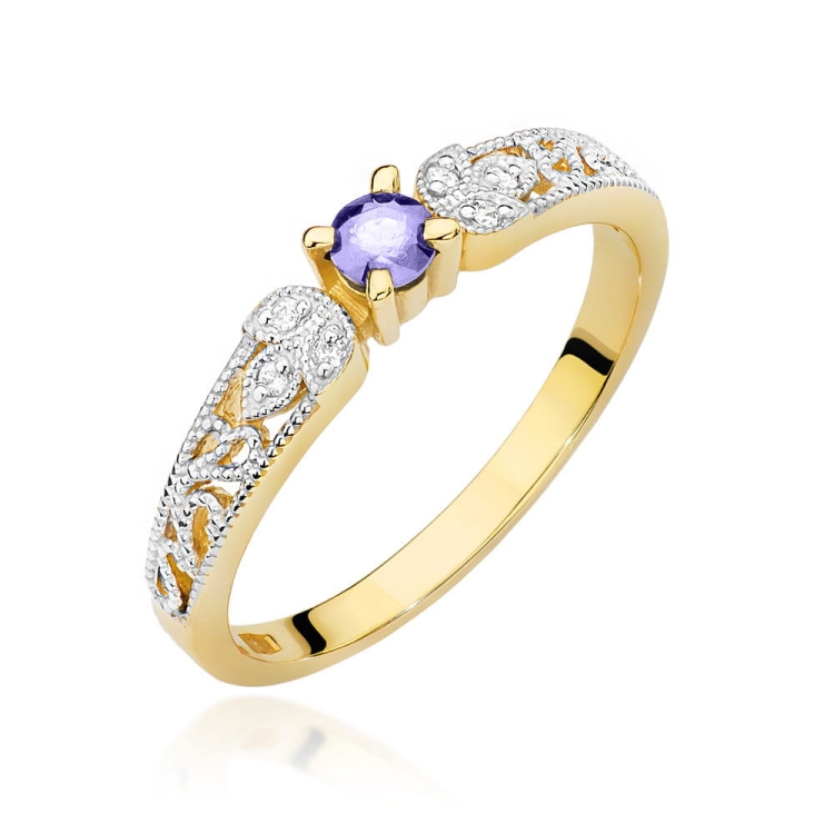 Pierścionek zaręczynowy z żółtego złota z tanzanitem i diamentami 0,03ct Fire Of Love BW-411-Tanzanit