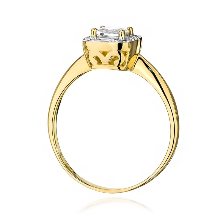 Pierścionek zaręczynowy z żółtego złota z białym szafirem i diamentami 0,10ct Fire Of Love  BW-514-biały-szafir